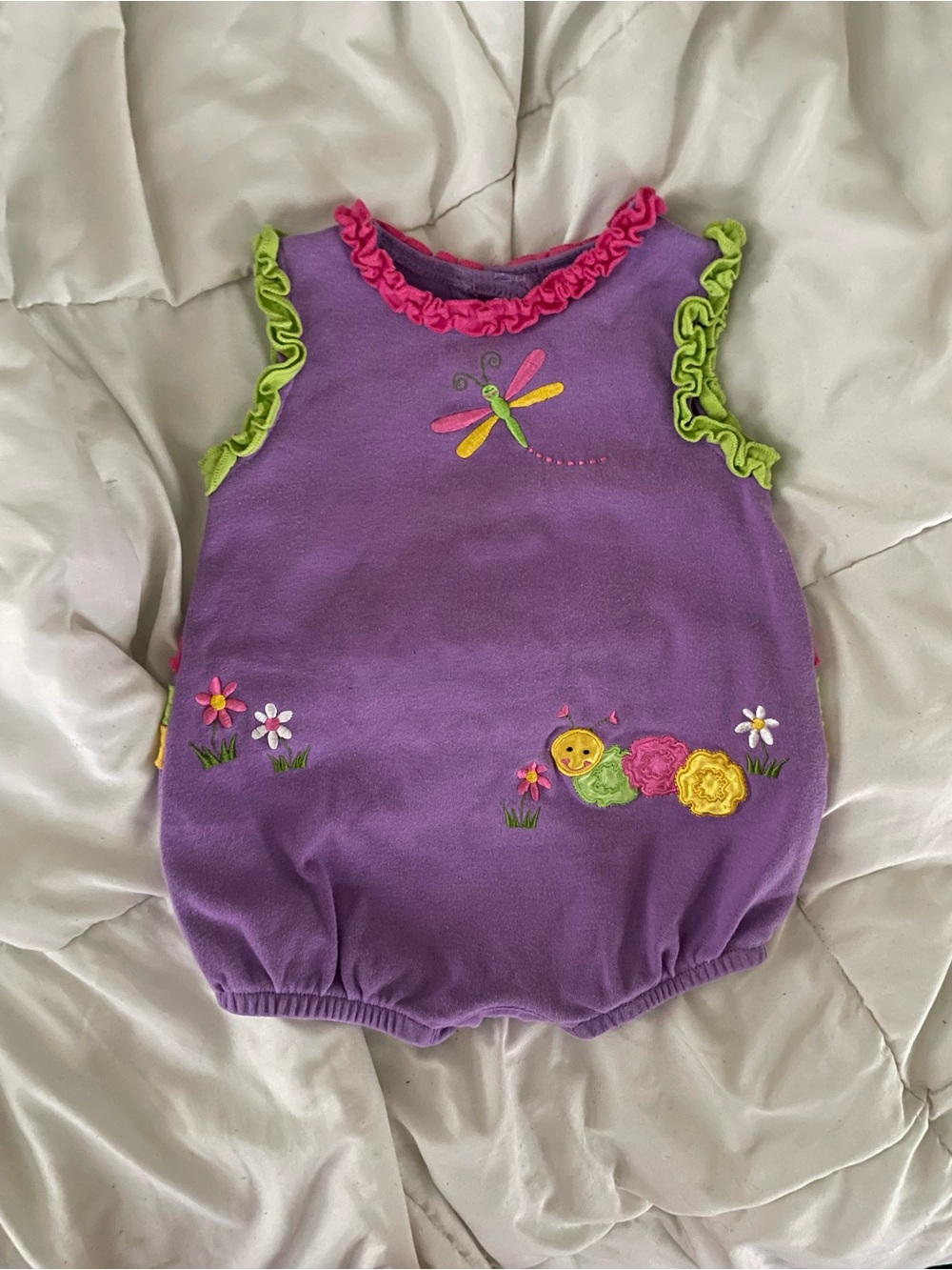 Vintage Y2K Okie Dokie Baby Girl Ruffle Romper Purple Dragonfly Embroidered 3-6m